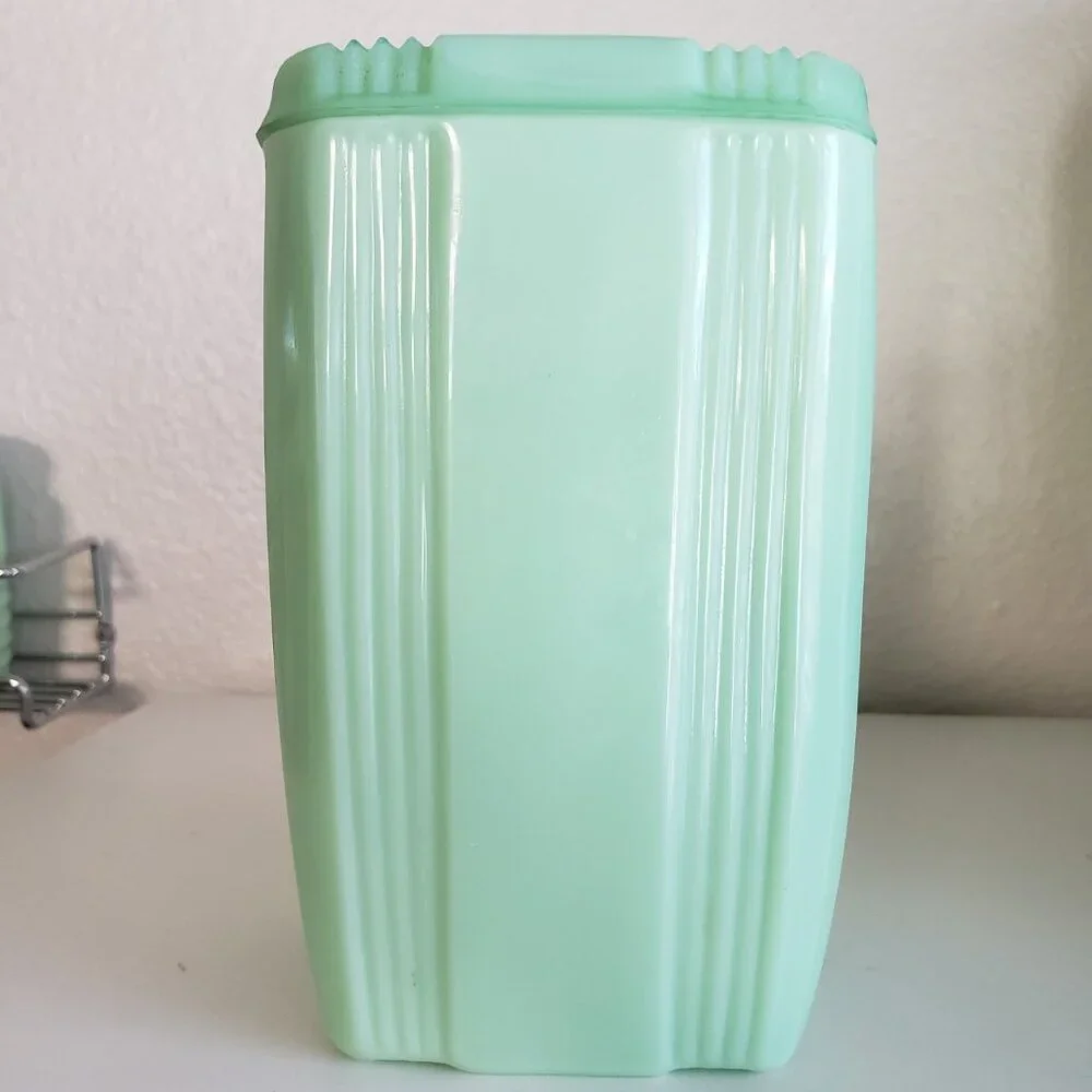 Vintage Fantasy Jadeite Green Canister With Lid 7” Cottage Core Grandma Core